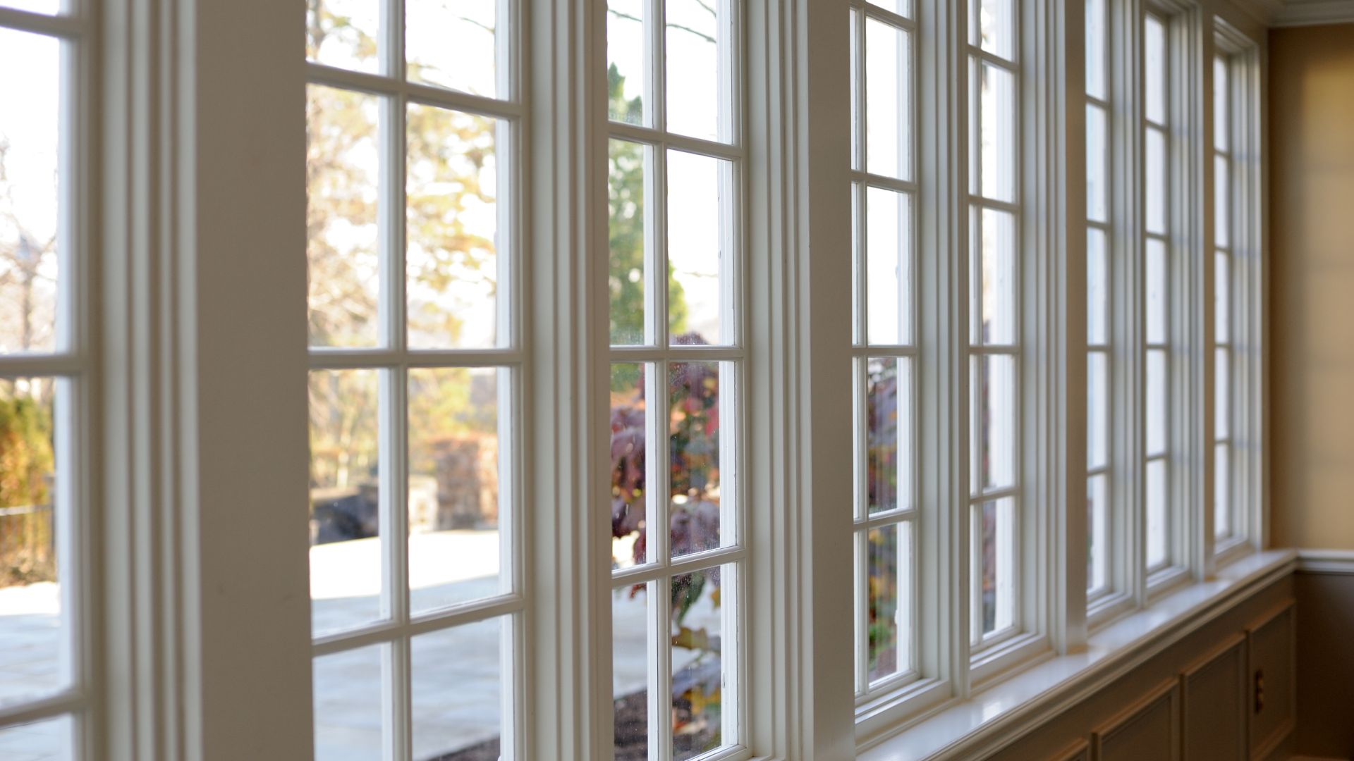 White multi-pane windows overlooking autumn trees in soft daylight